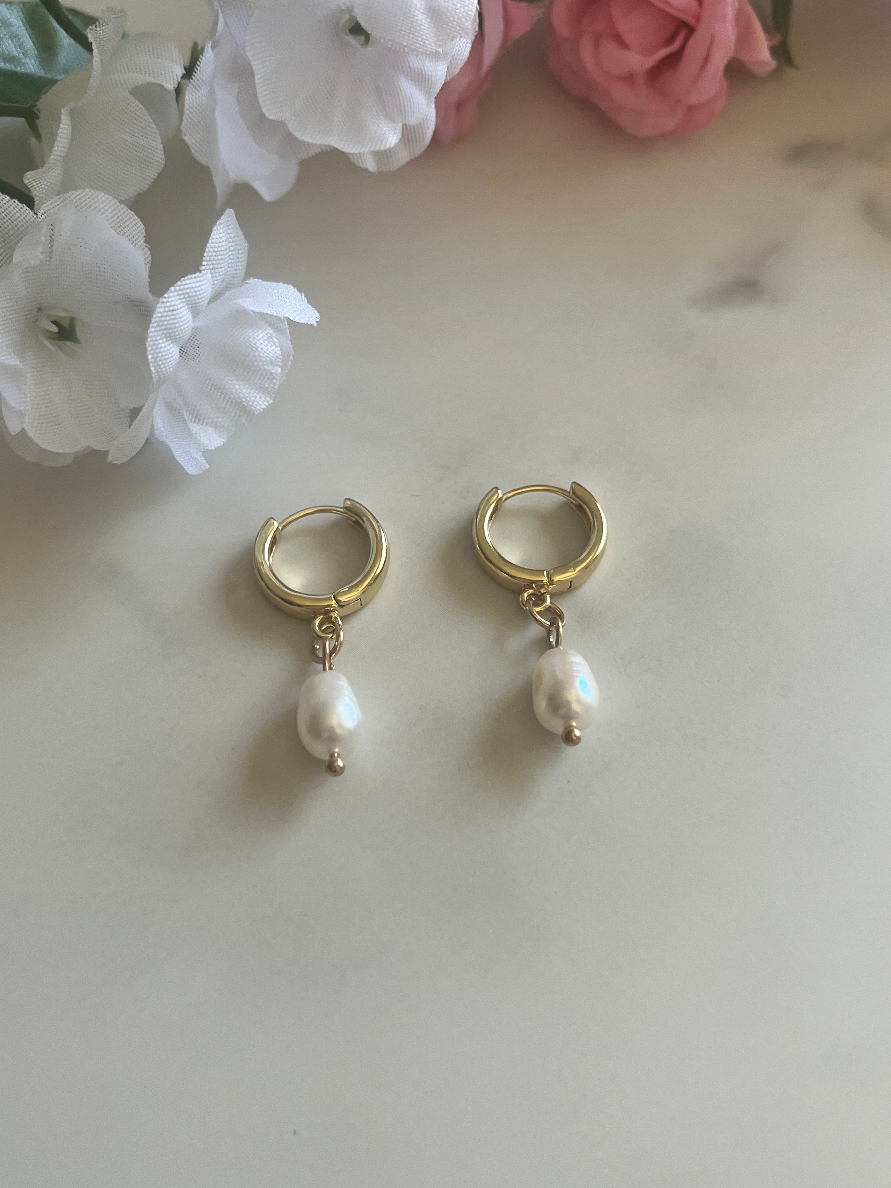 Gold Earrings 18K Dainty Pearl Huggies