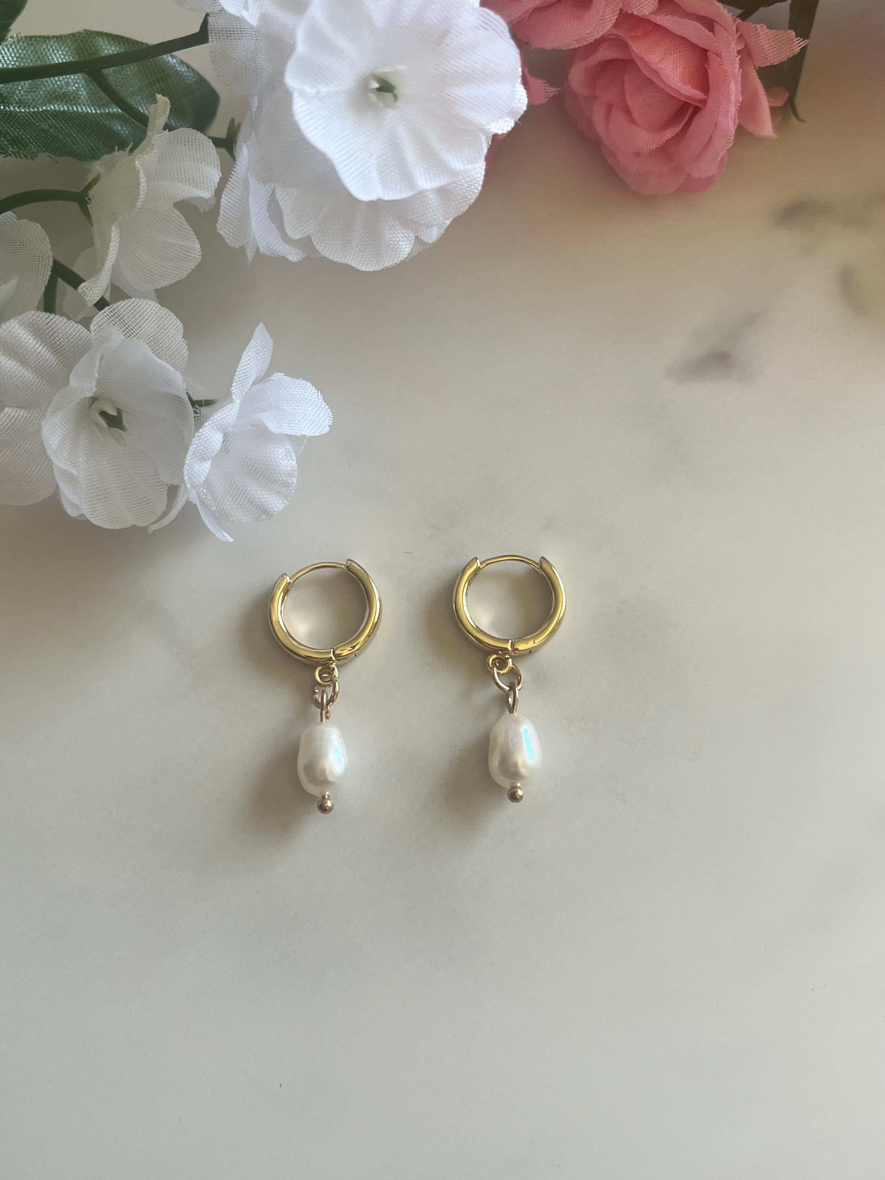Gold Earrings 18K Dainty Pearl Huggies